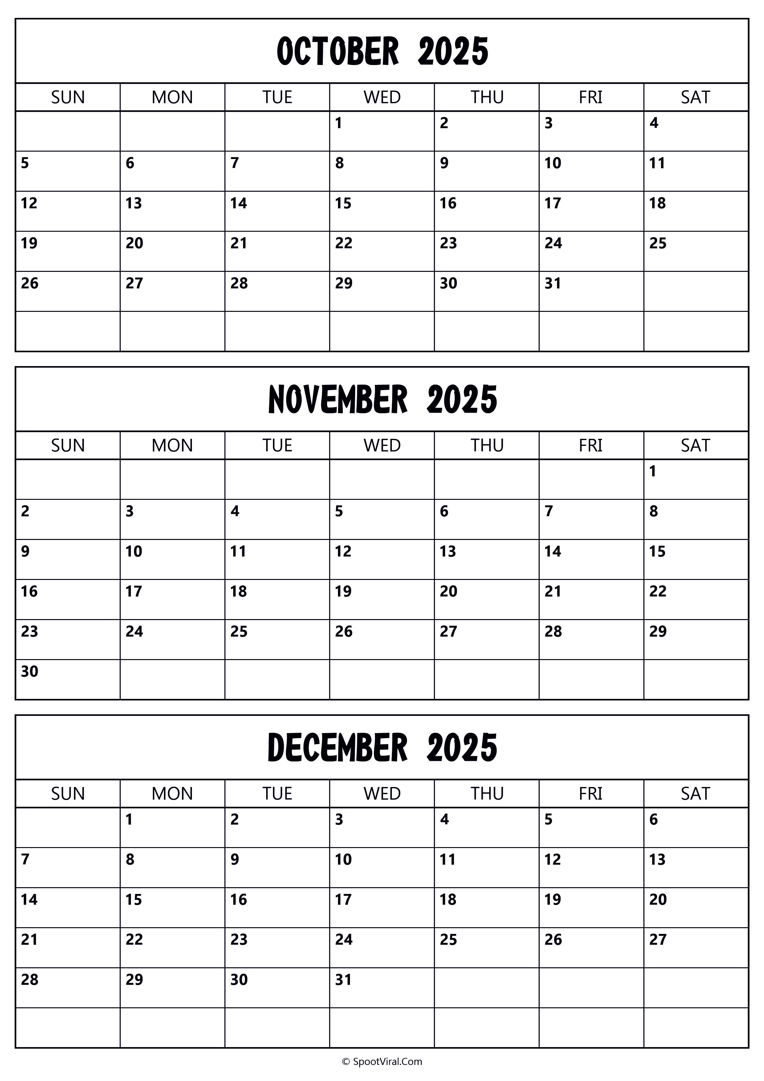 October to December 2025 Calendar