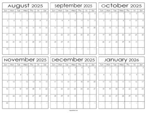 Printable August 2025 to January 2026 Calendar