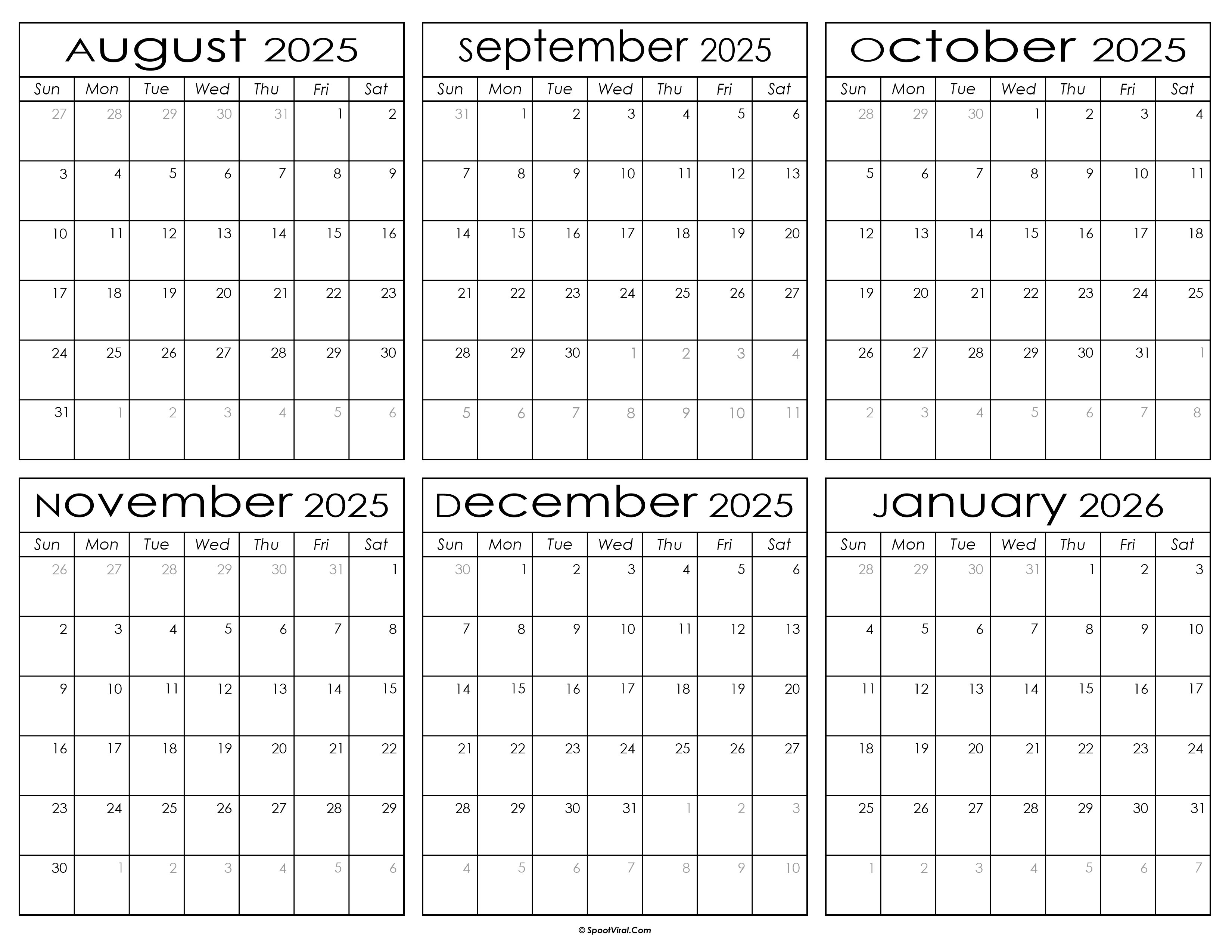 Printable August 2025 to January 2026 Calendar