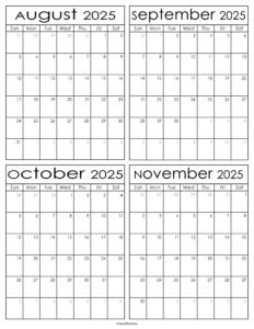 Printable August to November 2025 Calendars