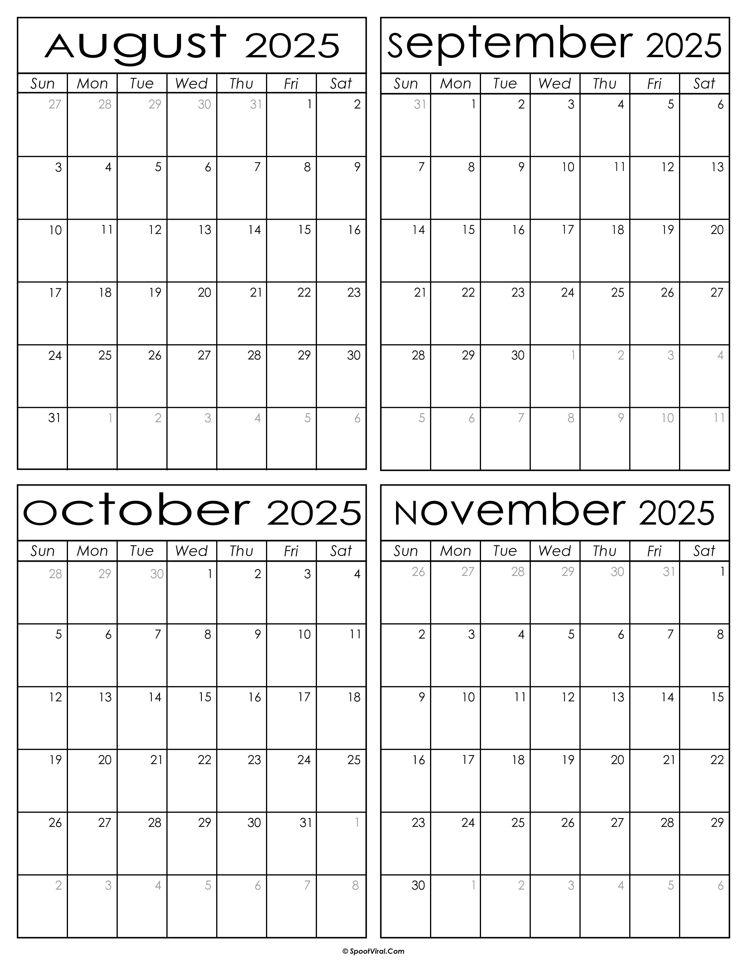 Printable August to November 2025 Calendars