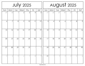 Printable July August 2025 Calendar