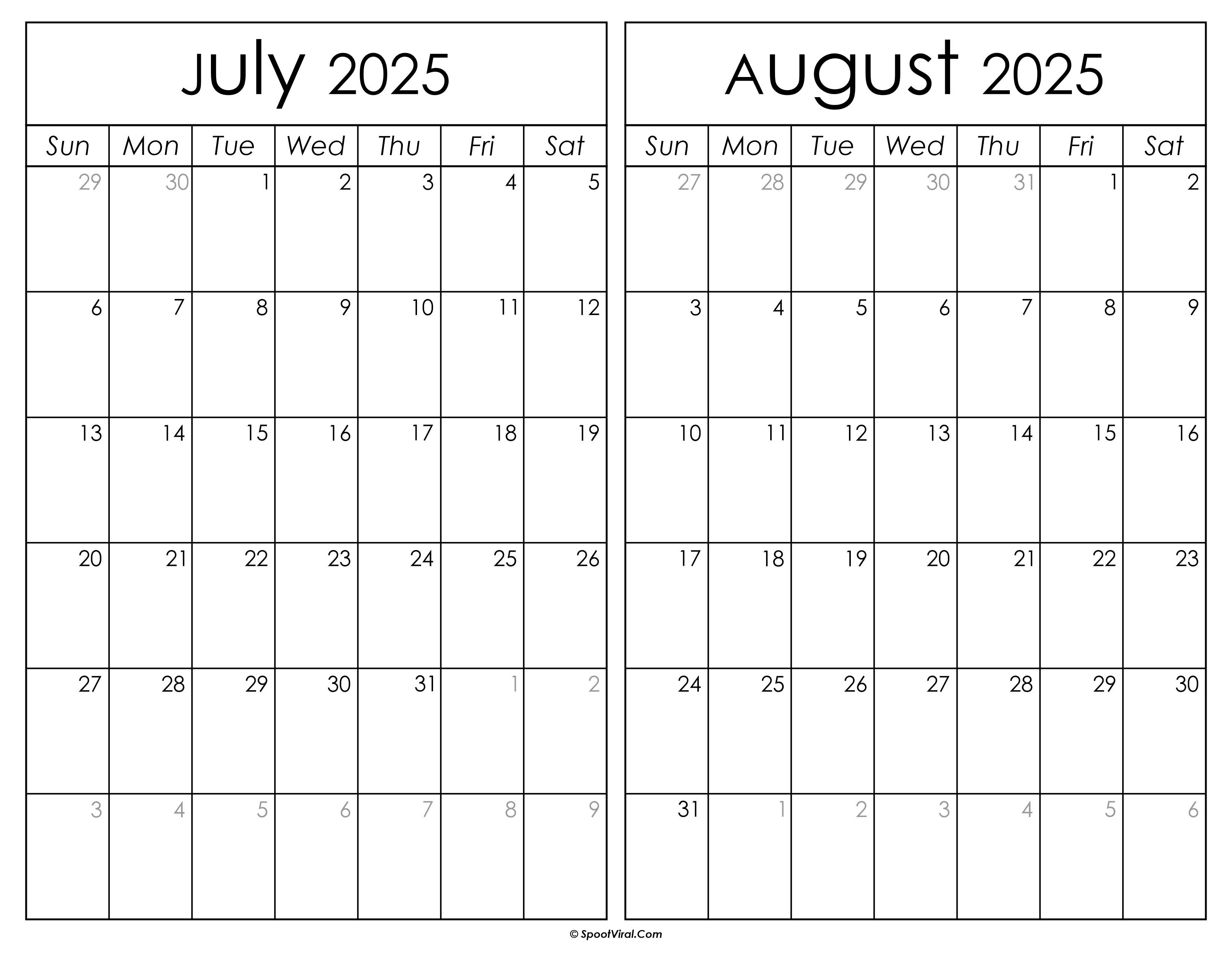 Printable July August 2025 Calendar