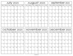 Printable July to December Calendar 2025