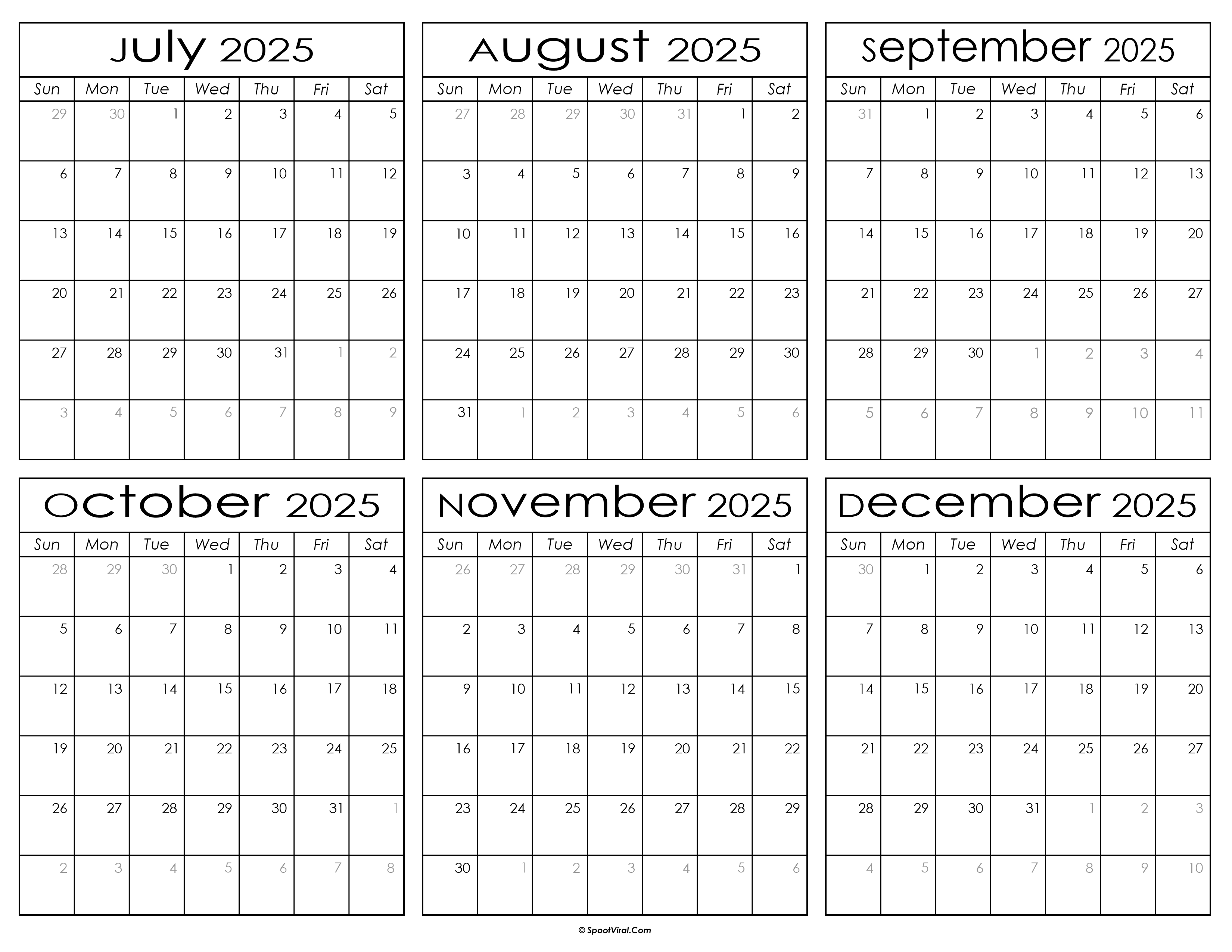 Printable July to December Calendar 2025