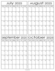 Printable July to October 2025 Calendars