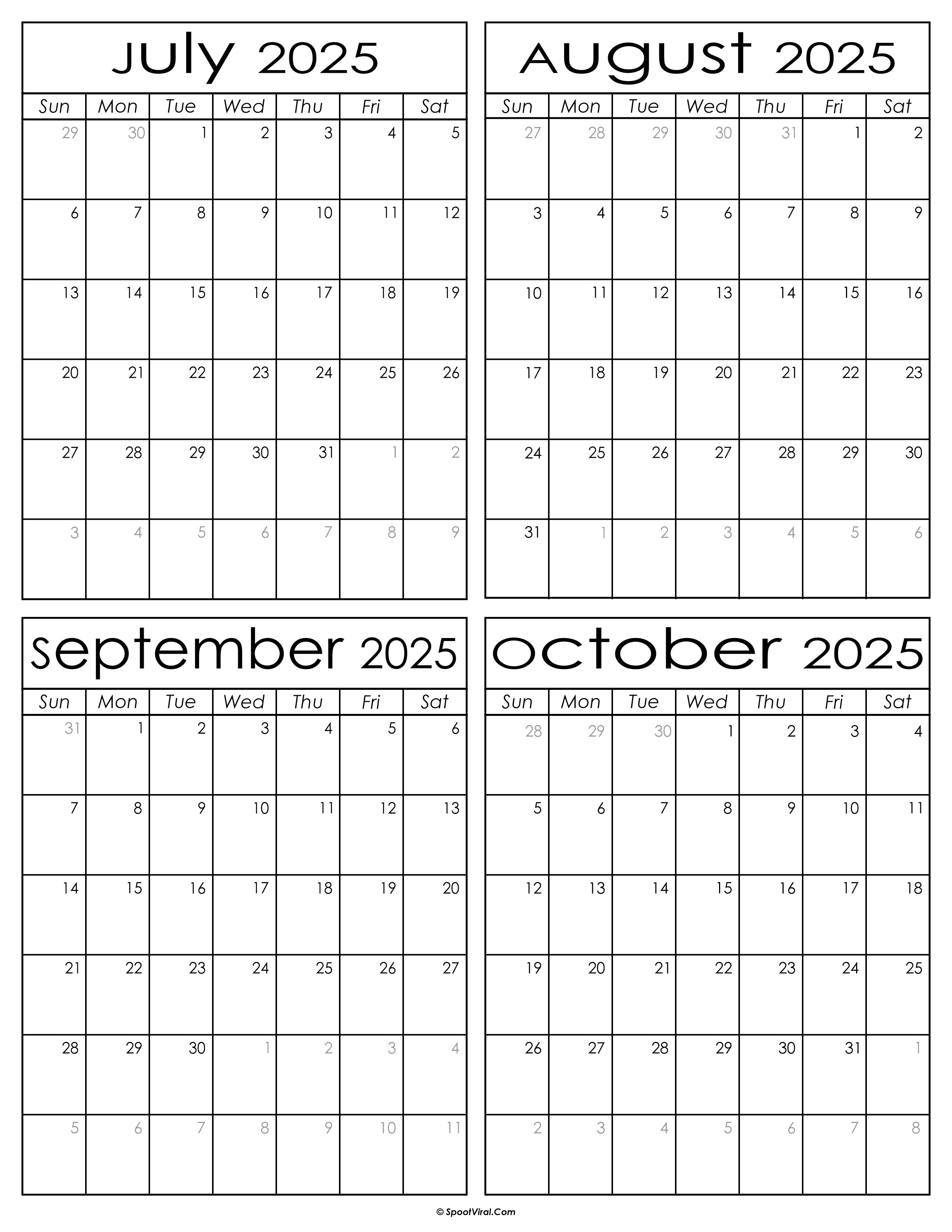 Printable July to October 2025 Calendars