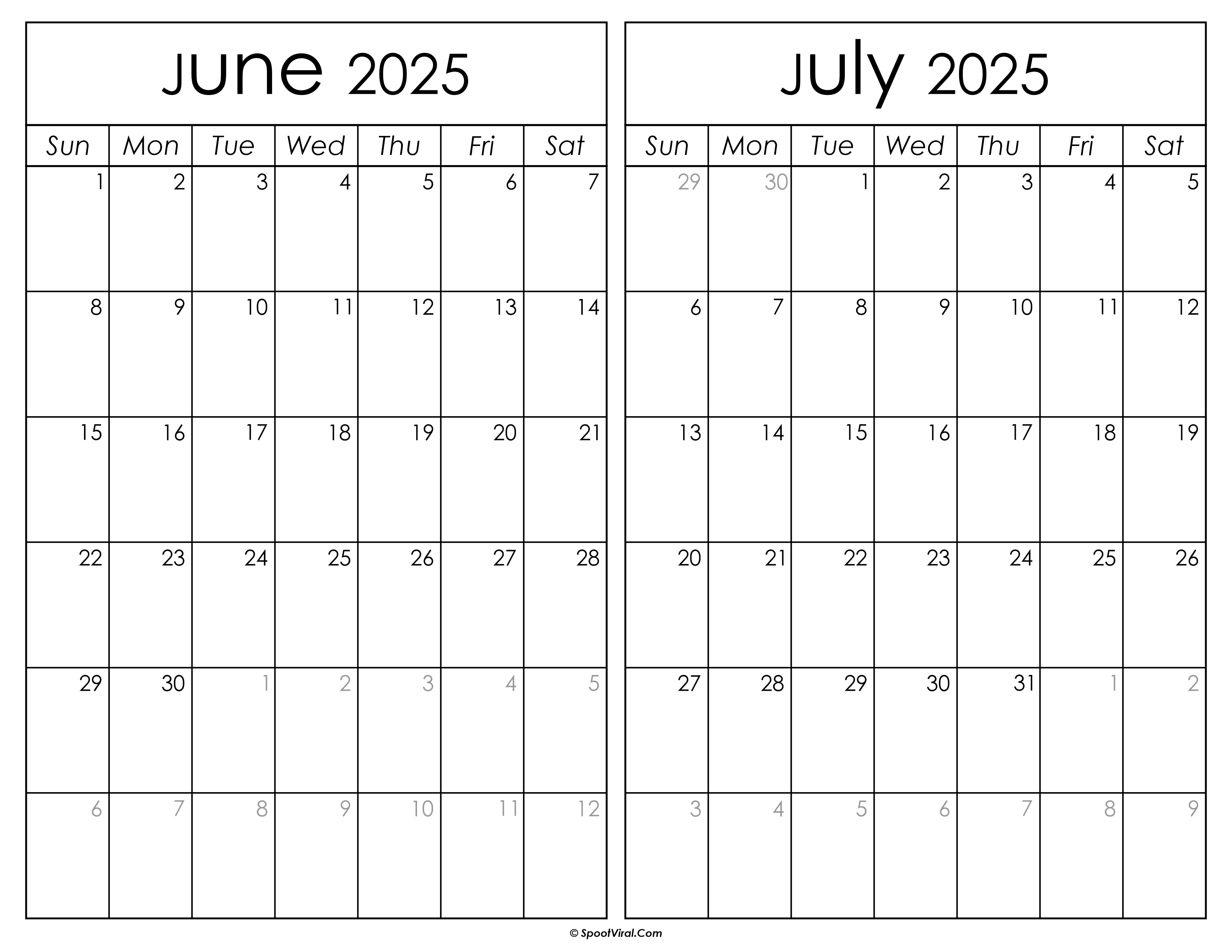 Printable June July 2025 Calendar