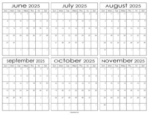 Printable June to November Calendar 2025