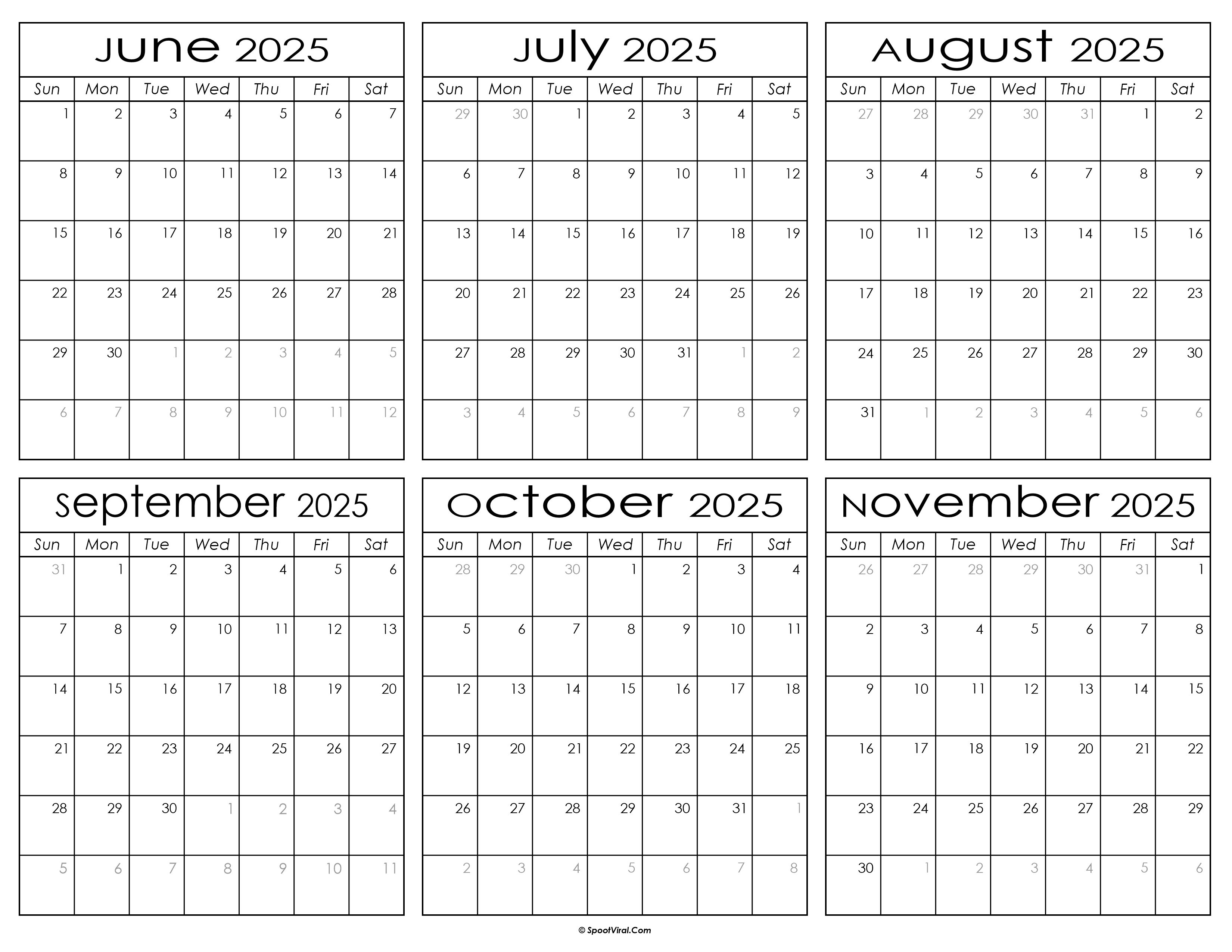 Printable June to November Calendar 2025