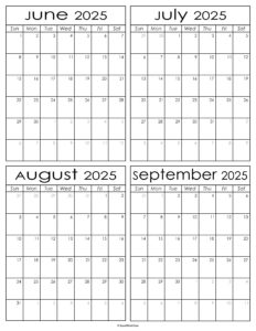 Printable June to September 2025 Calendars