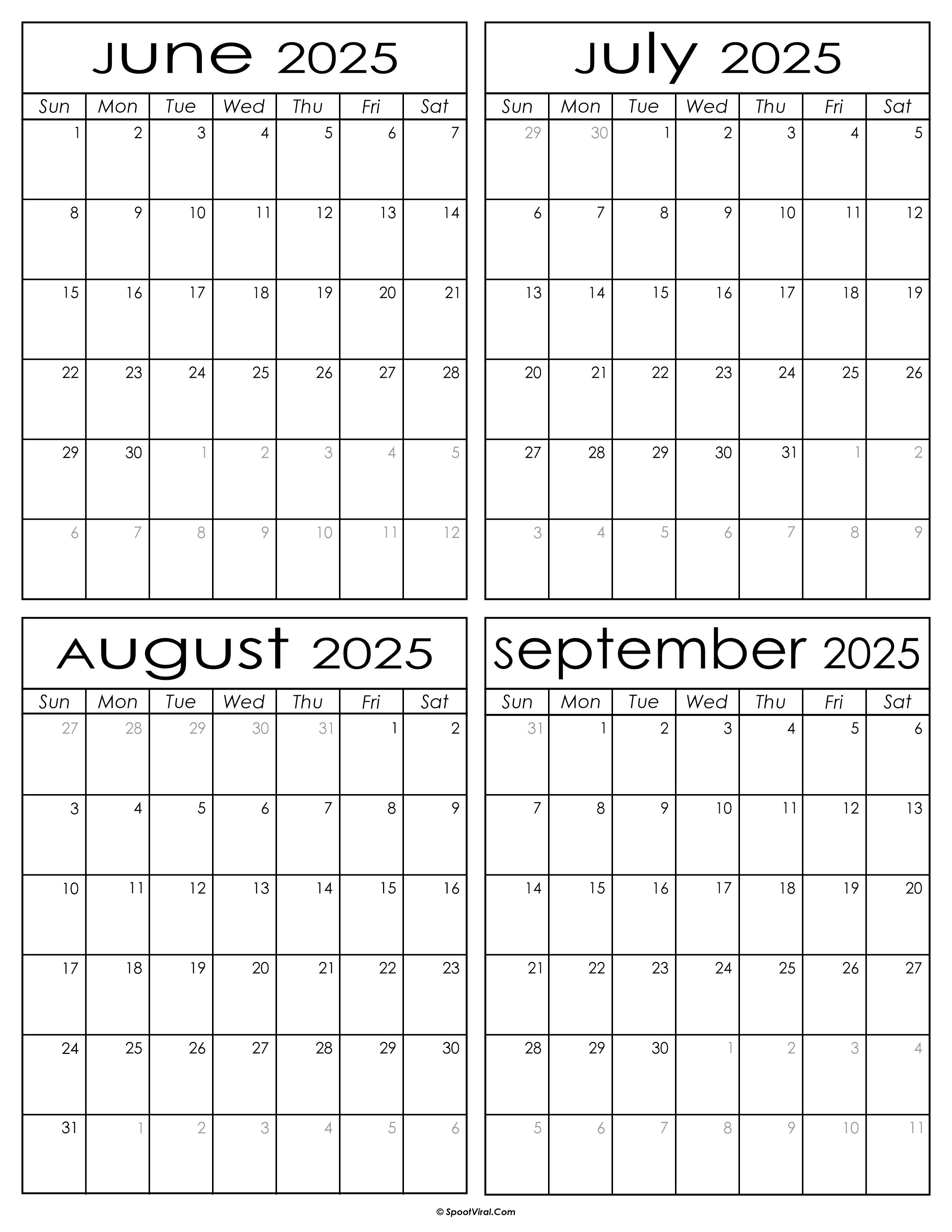 Printable June to September 2025 Calendars