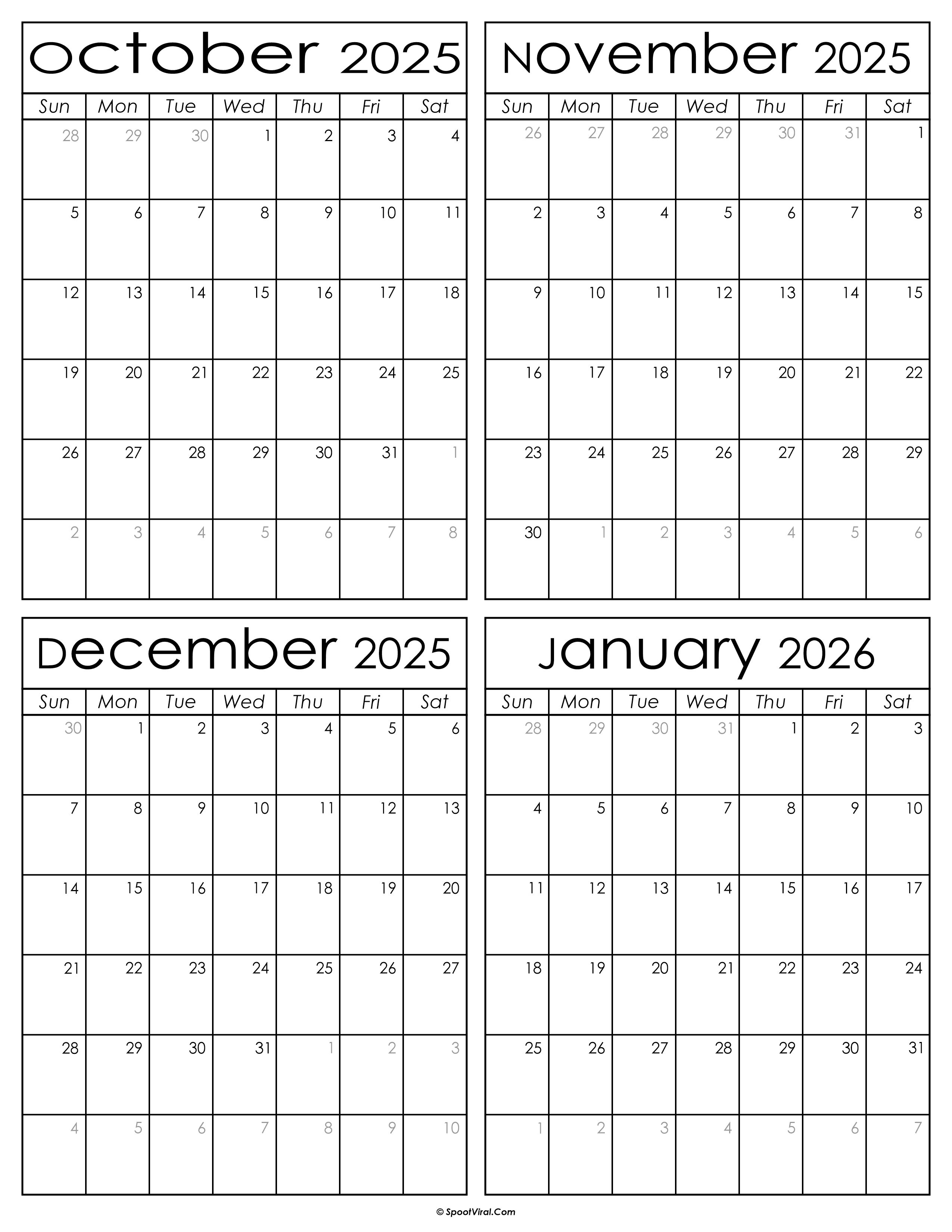 Printable October 2025 to January 2026 Calendars