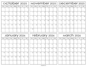 Printable October 2025 to March 2026 Calendar