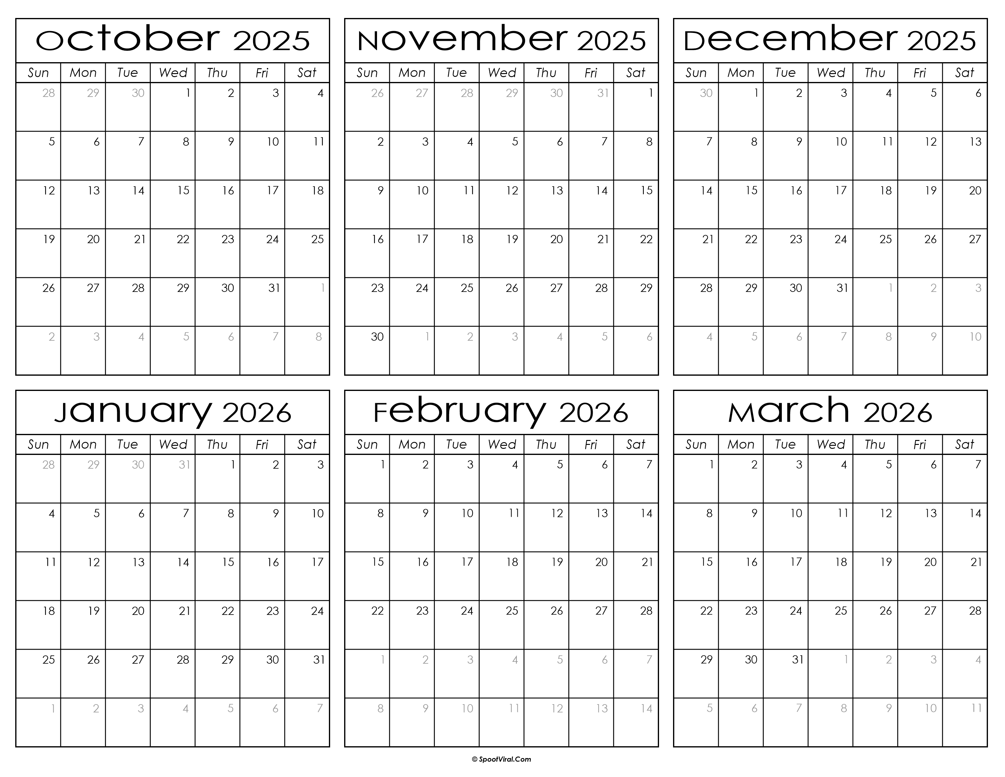 Printable October 2025 to March 2026 Calendar