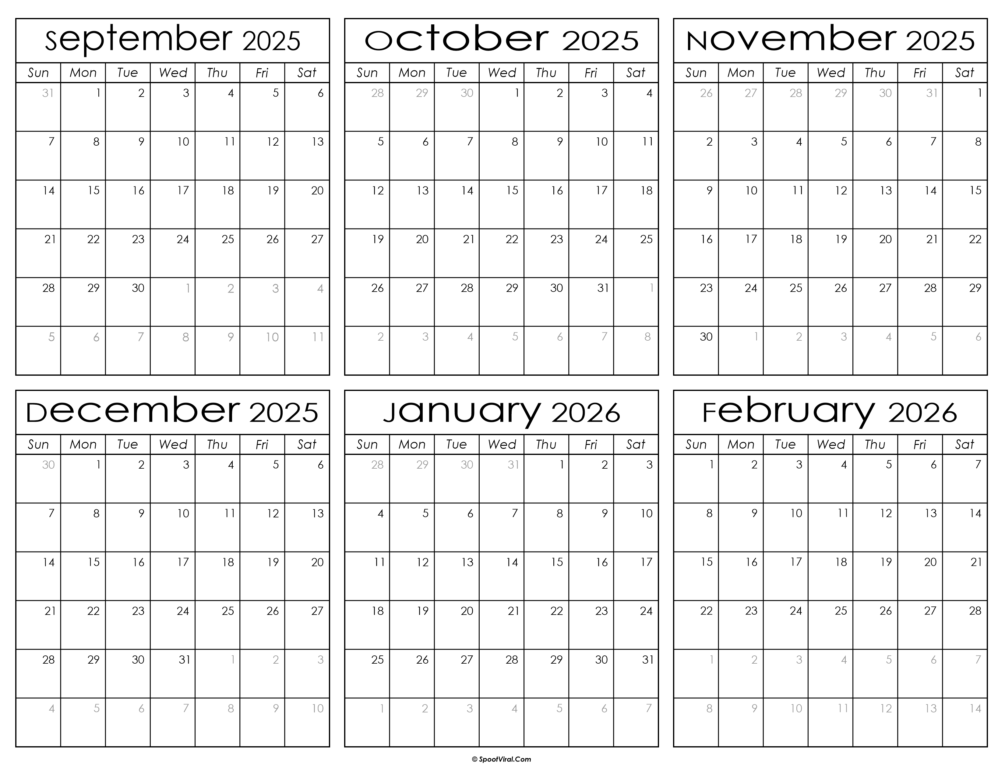 Printable September 2025 to February 2026 Calendar