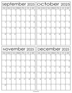 Printable September to December 2025 Calendars