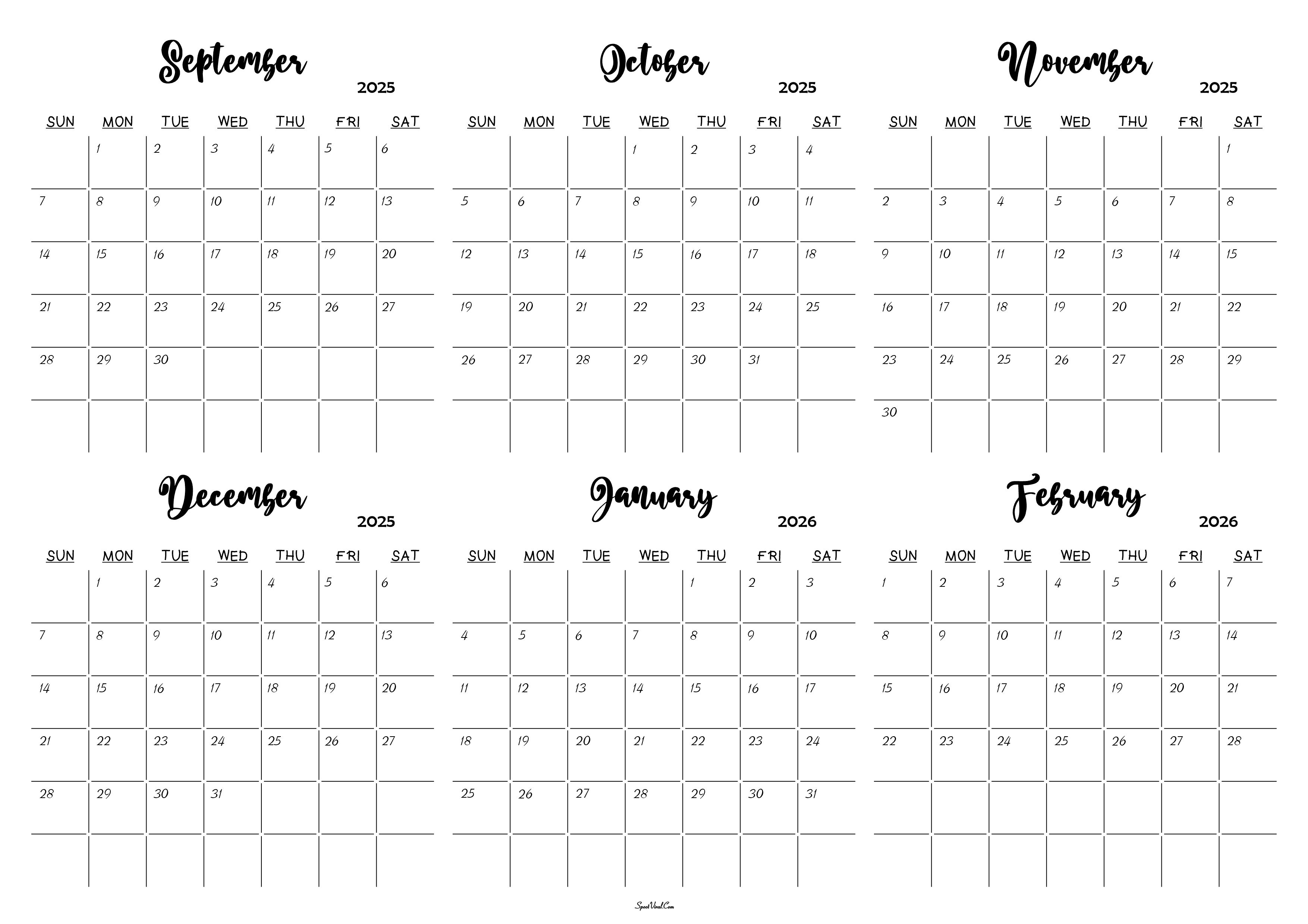 September 2025 to February 2026 Calendar