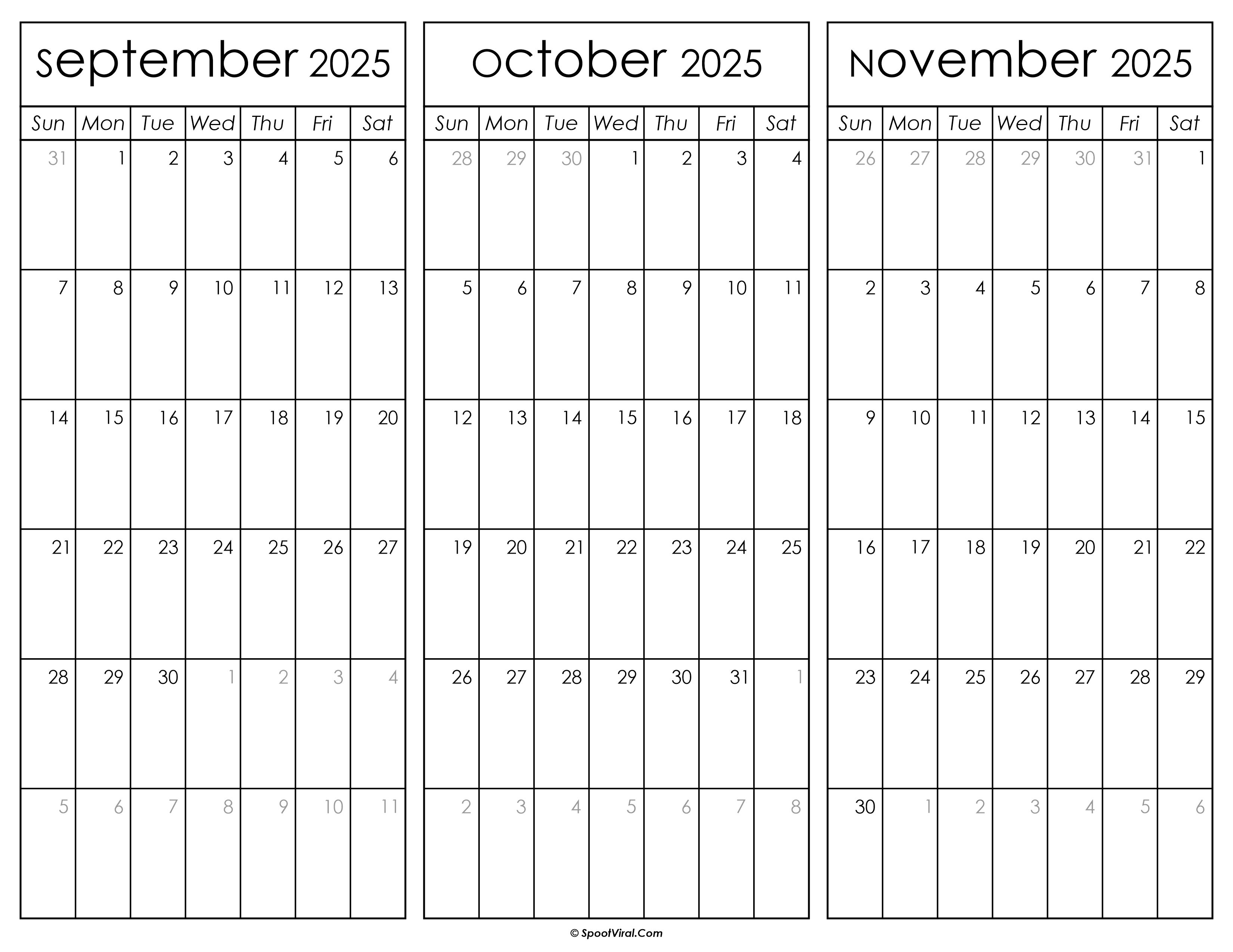 September October and November Calendar 2025