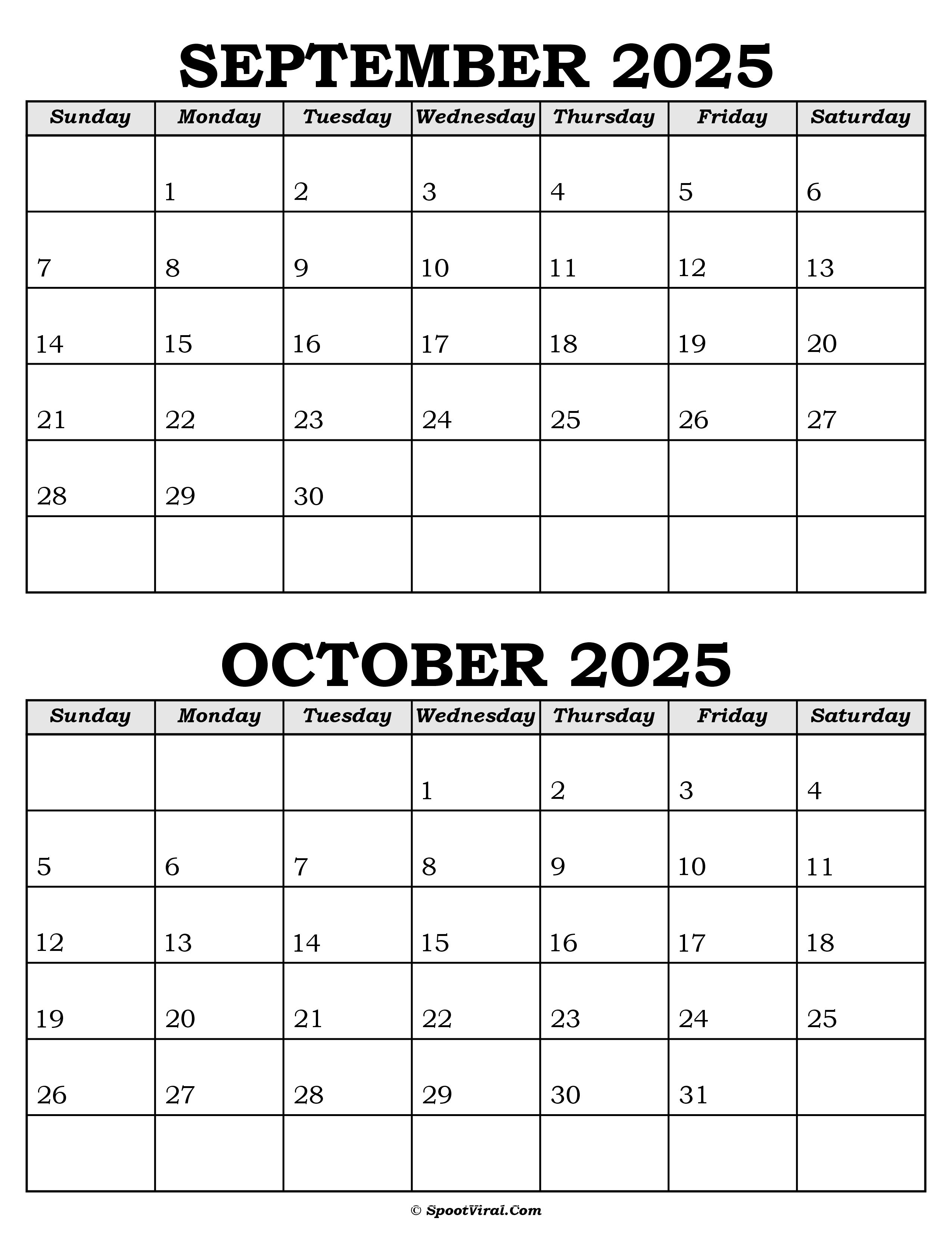 September and October Calendar 2025