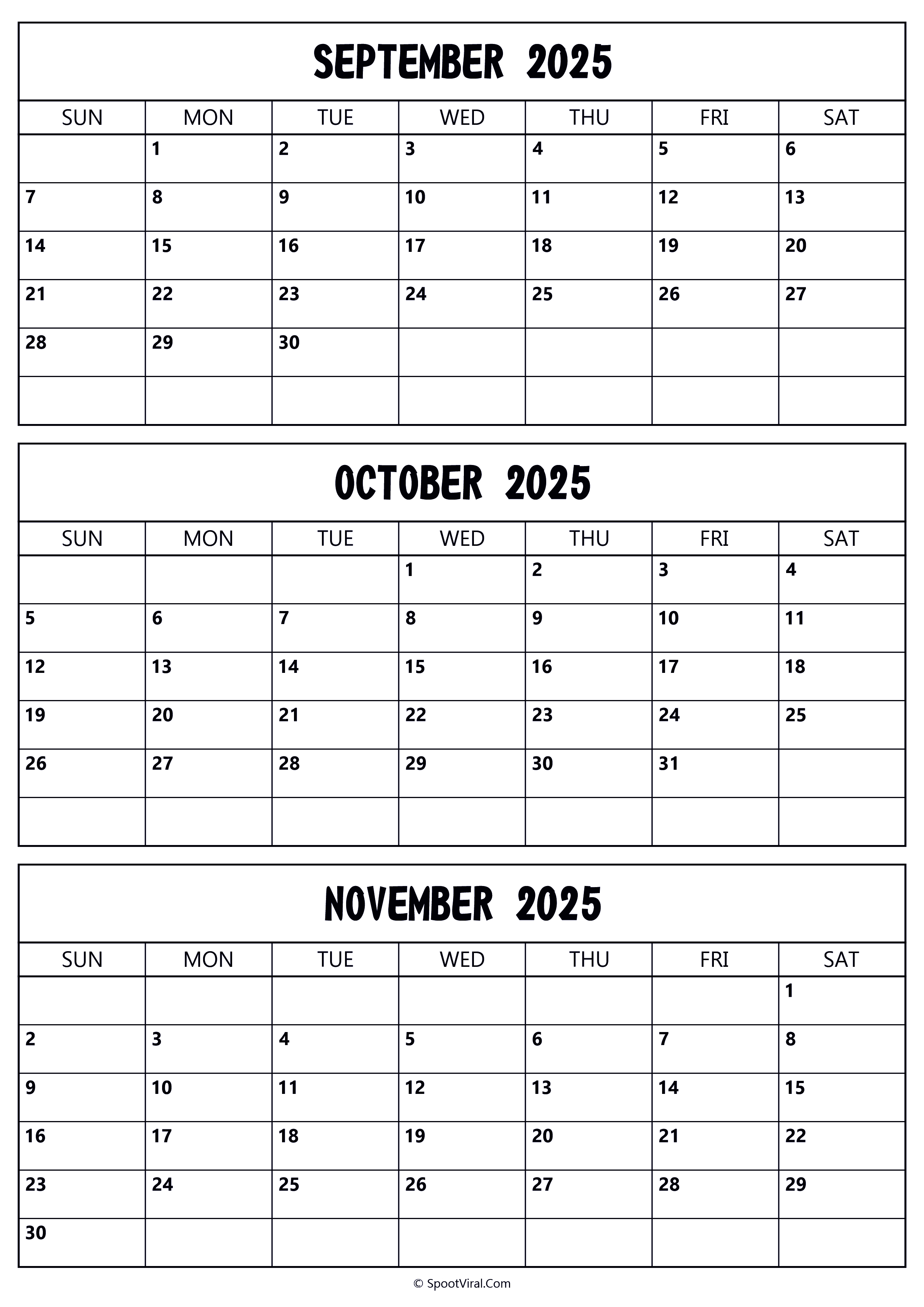 September to November 2025 Calendar