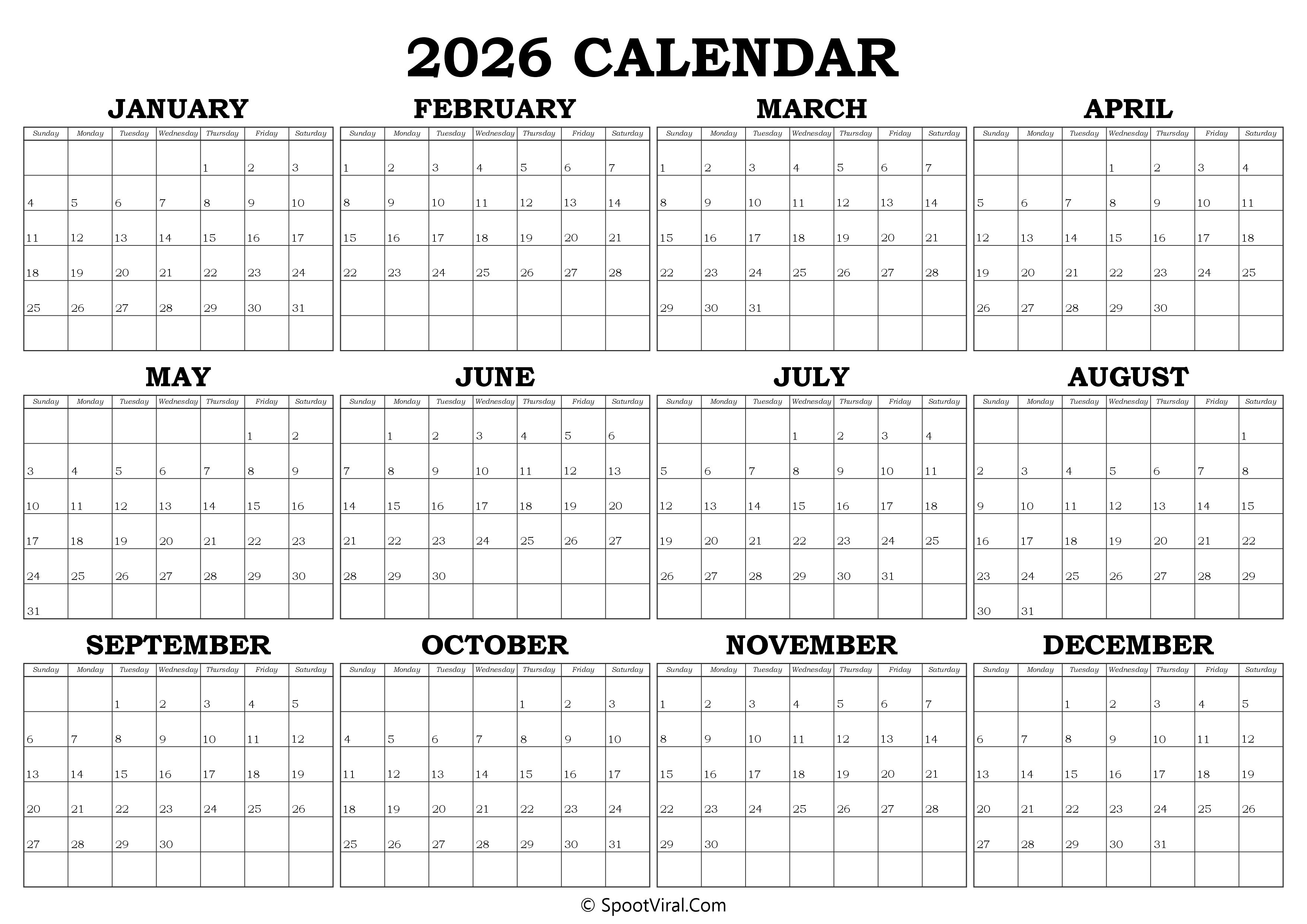 Printable 2026 Yearly Calendar