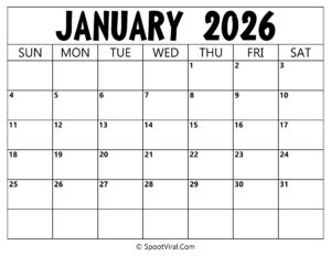 Blank Calendar January 2026