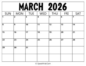 Blank Calendar March 2026