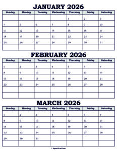 Calendar January February March 2026