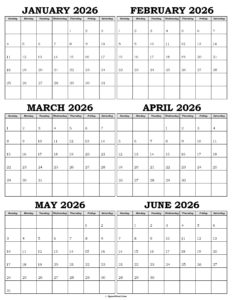 Calendar January to June 2026
