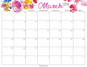 Cute March Calendar 2026 Printable