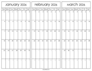 January February and March Calendar 2026