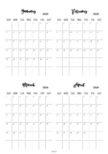 January to April 2026 Calendar