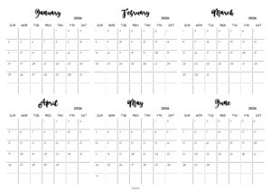 January to June 2026 Calendar