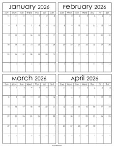 Printable January to April 2026 Calendars