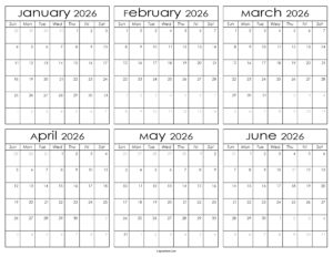 Printable January to June Calendar 2026