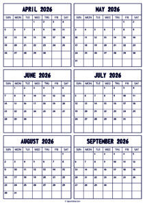 2026 April to September Calendar
