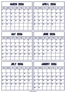 2026 March to August Calendar
