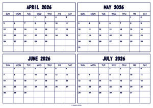 April May June July 2026 Calendar