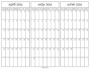 April May and June Calendar 2026