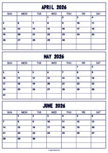 April to June 2026 Calendar