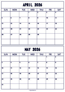 Calendar 2026 April May