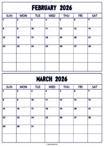Calendar 2026 February March