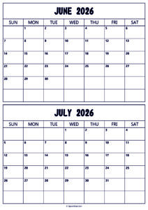 Calendar 2026 June July