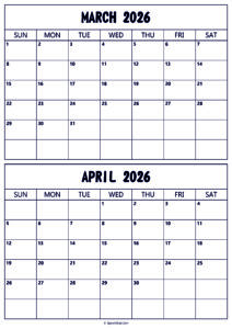 Calendar 2026 March April