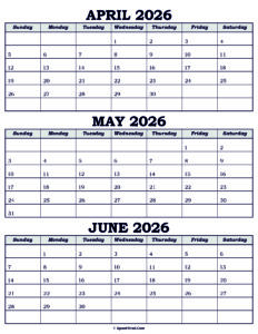 Calendar April May June 2026