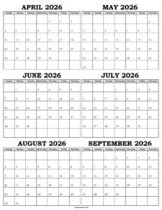Calendar April to September 2026
