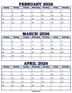 Calendar February March April 2026