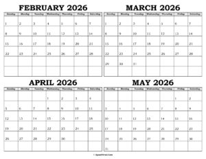 Calendar February to May 2026
