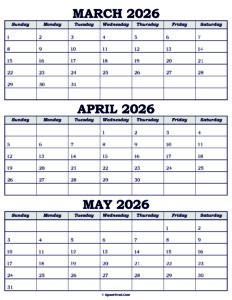 Calendar March April May 2026